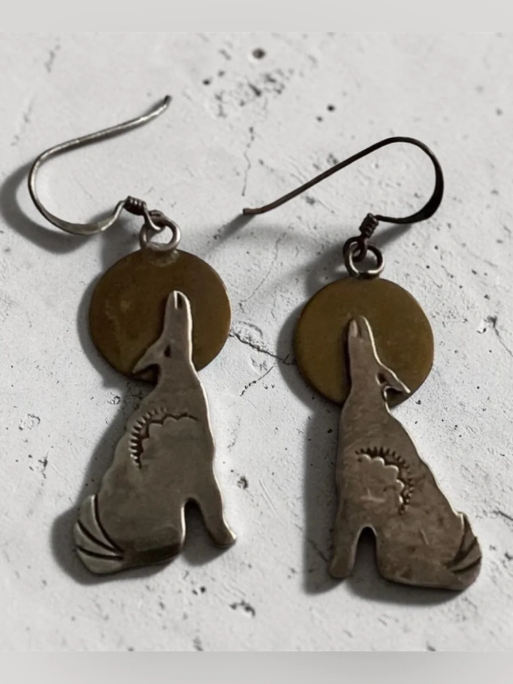 Native American Vintage Sterling Silver Hand Stamped Wolf Howling Moon Earrings